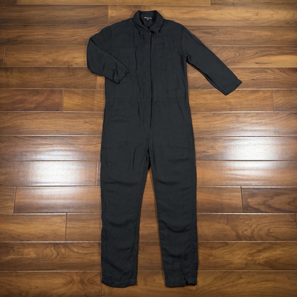 James Perse Sz 0 / US 2 / XS‎ Black Viscose Linen Button Front Collared Jumpsuit